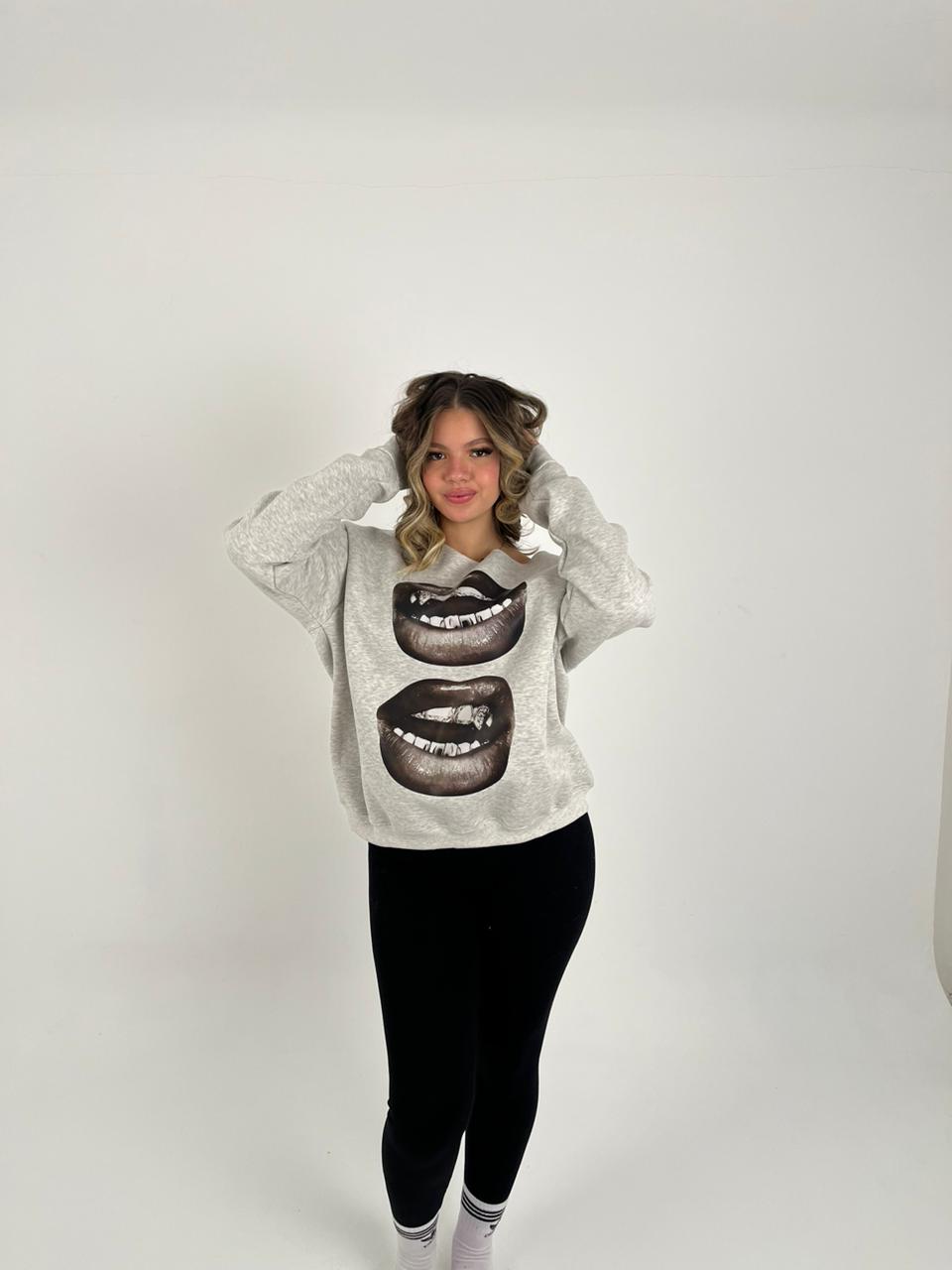 Grey lips shoulder hoodie