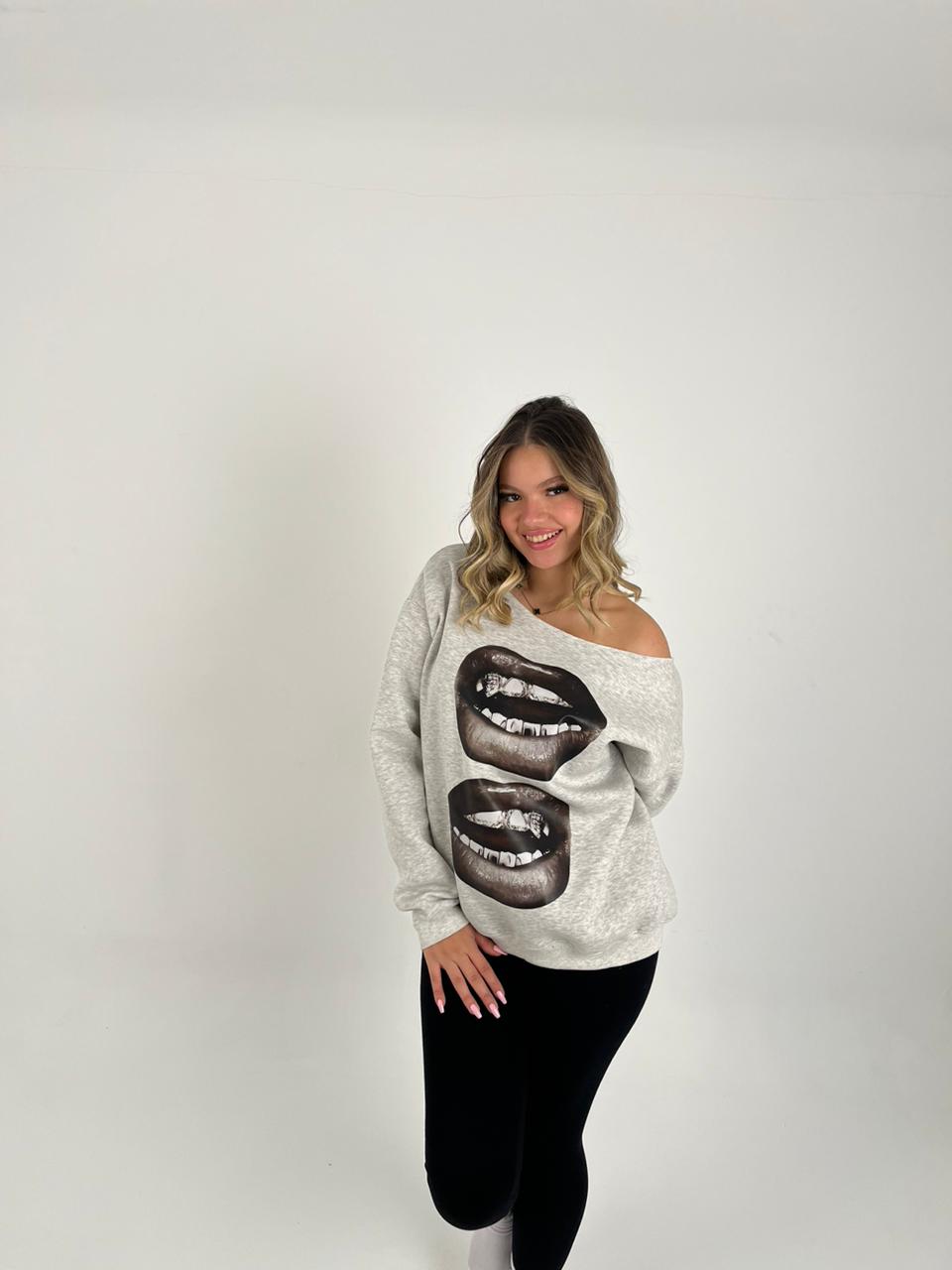 Grey lips shoulder hoodie