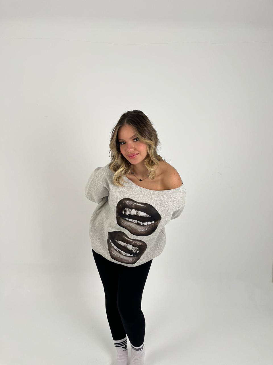 Grey lips shoulder hoodie