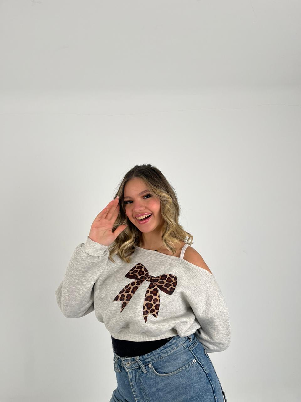 Grey Crop shouoder bow hoodie