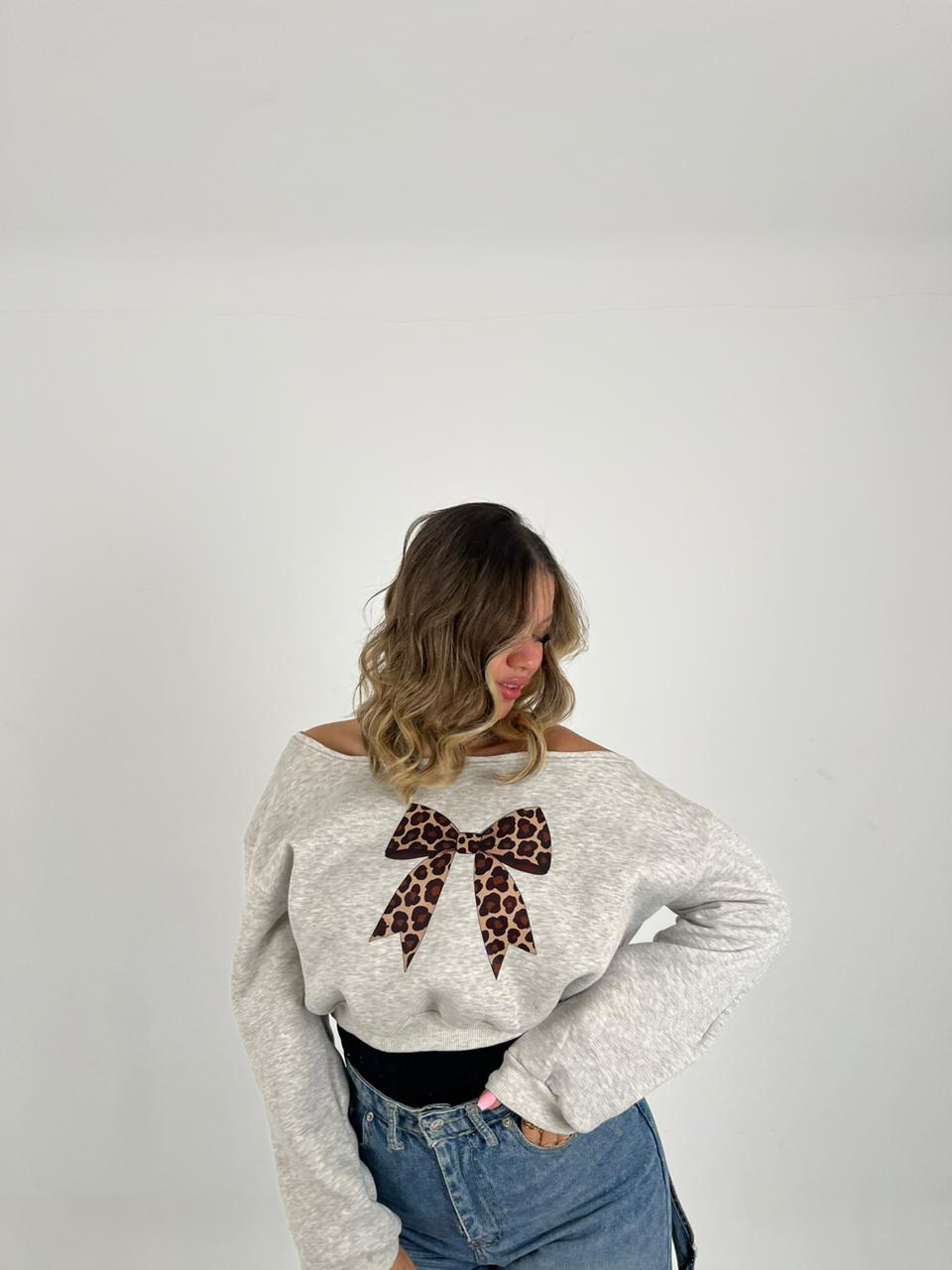 Grey Crop shouoder bow hoodie