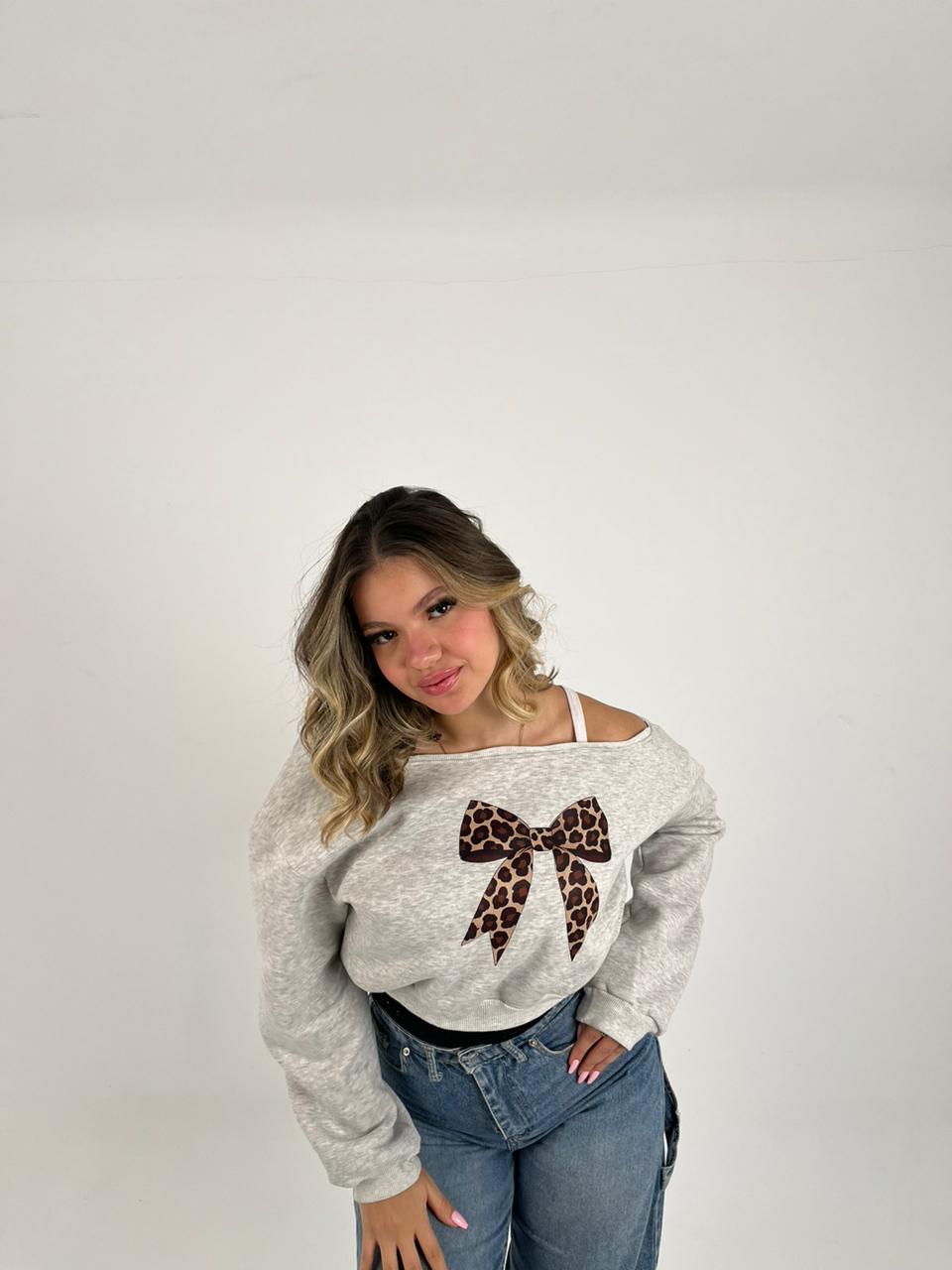 Grey Crop shouoder bow hoodie