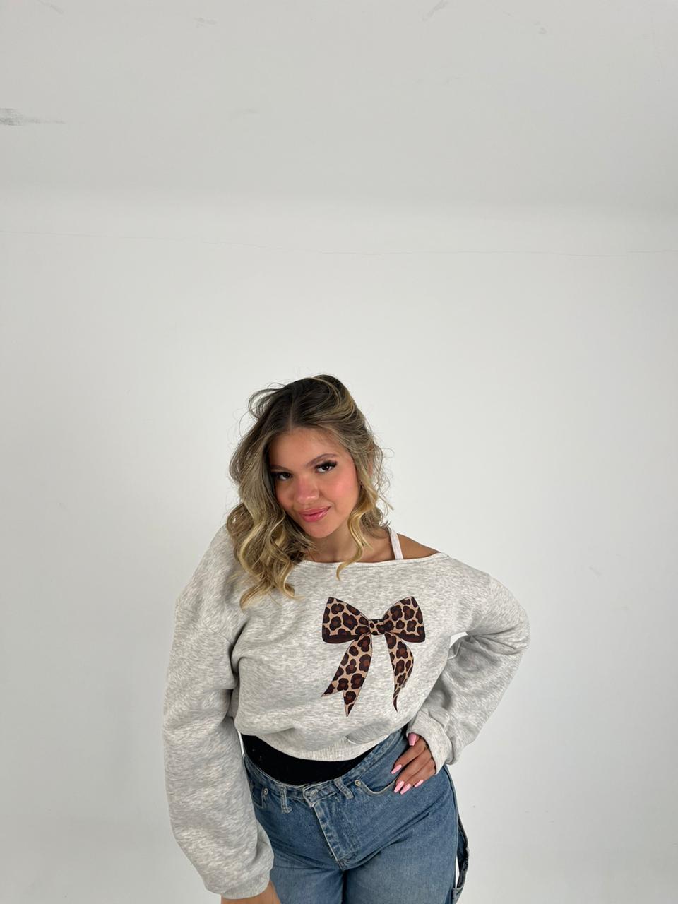 Grey Crop shouoder bow hoodie