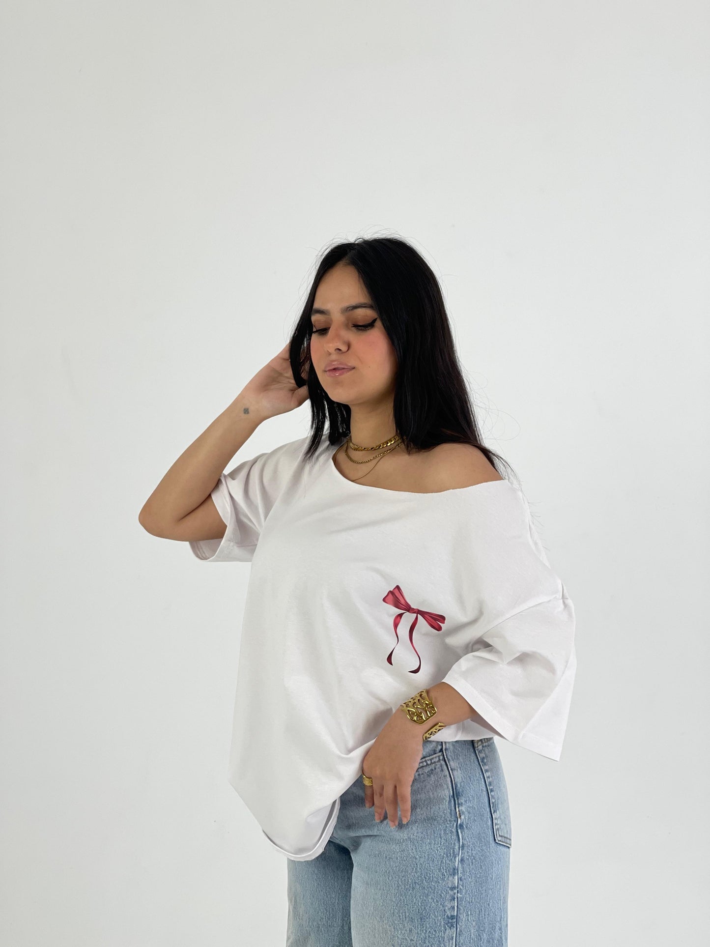 White Off-Shoulder Bow Back Tee