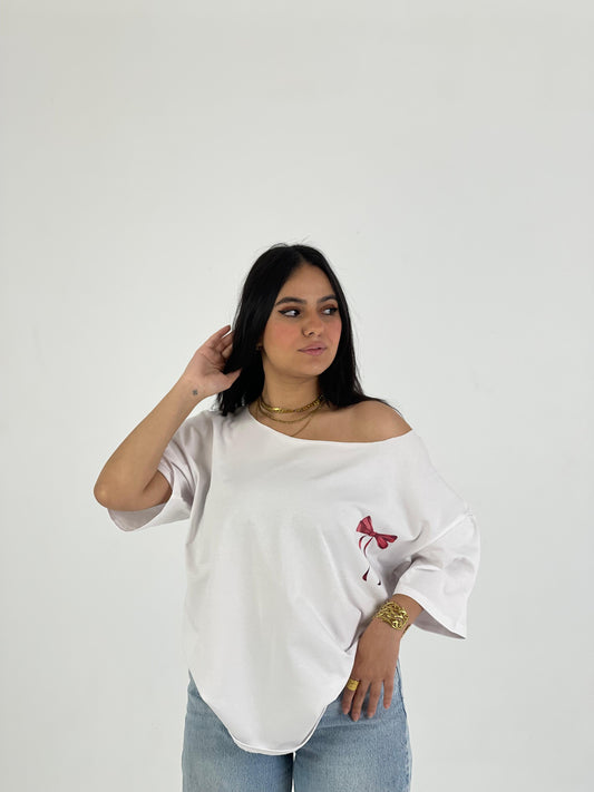 White Off-Shoulder Bow Back Tee