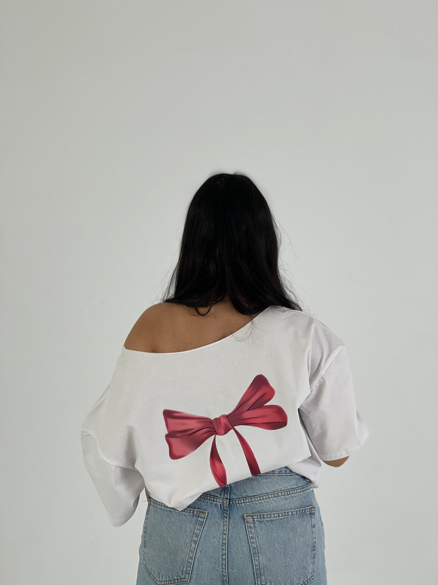 White Off-Shoulder Bow Back Tee