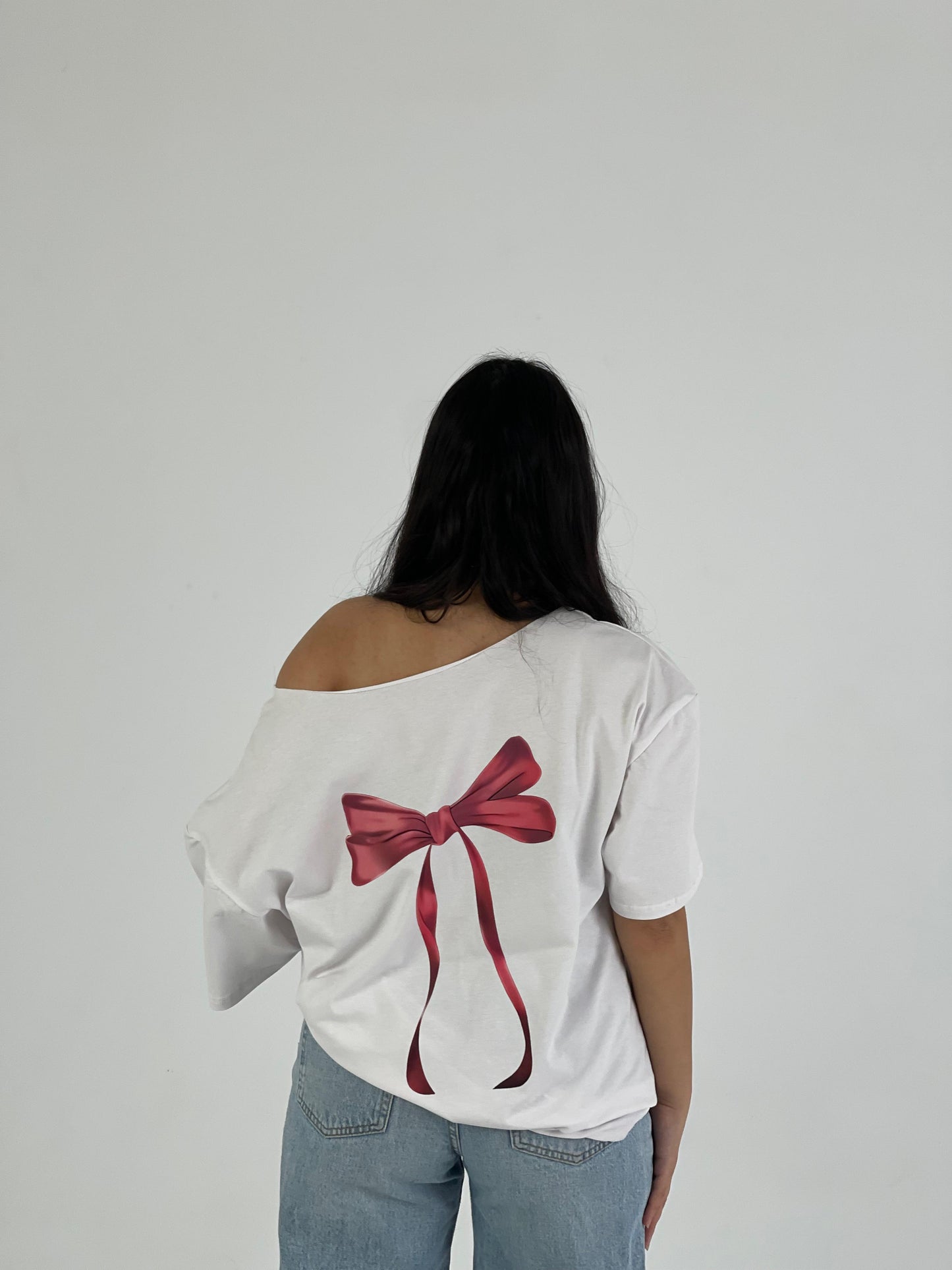 White Off-Shoulder Bow Back Tee