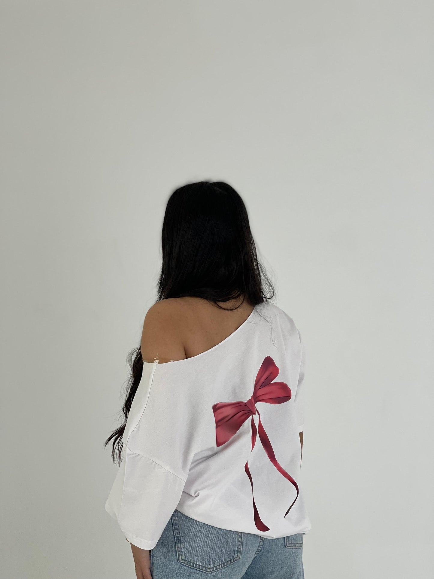 White Off-Shoulder Bow Back Tee