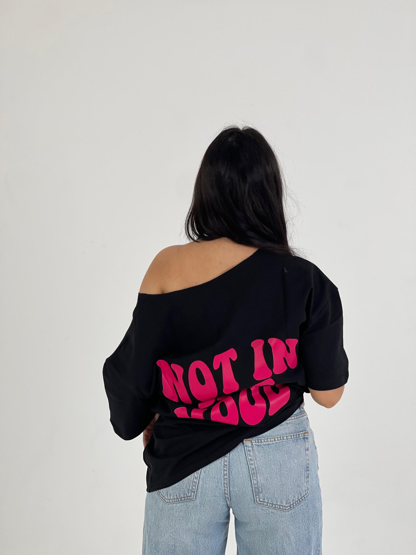 Black “Not in the Mood” Off-Shoulder Tee